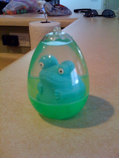 Recovered image from This is how to spend a great day with your son. Watching a toy frog melt in water.